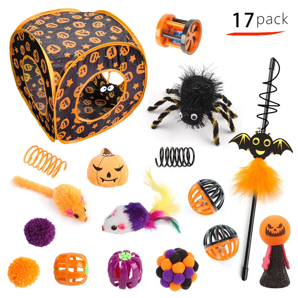 Halloween Toys Variety Pet Cat Toys Interactive Combination Set Kitten Toy Funny Cat Stick Sisal Mouse Bell