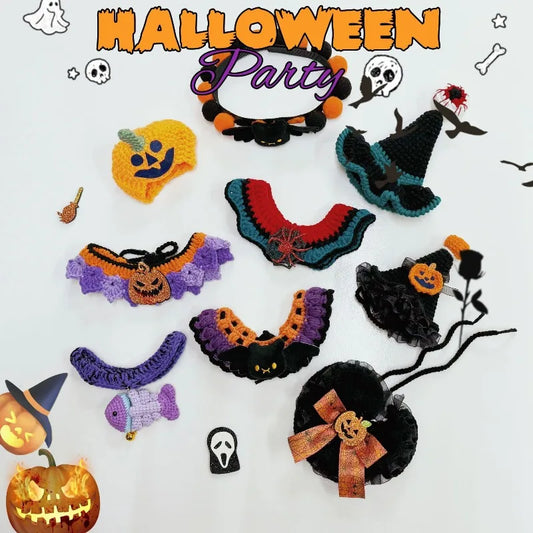 Handmade Halloween Pet Collar – Knitted Crochet Scarf for Cats & Dogs Pumpkin Design