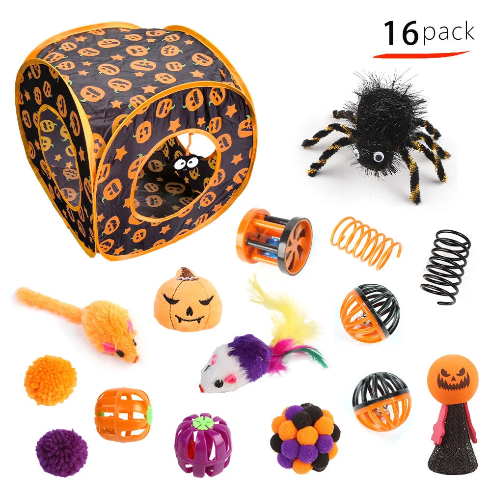 Pet Cat Halloween Toys Interactive Kitten Toy Funny Cat Tunnel Stick Sisal Mouse Bell Combination Set Kitten Toys Pet Products