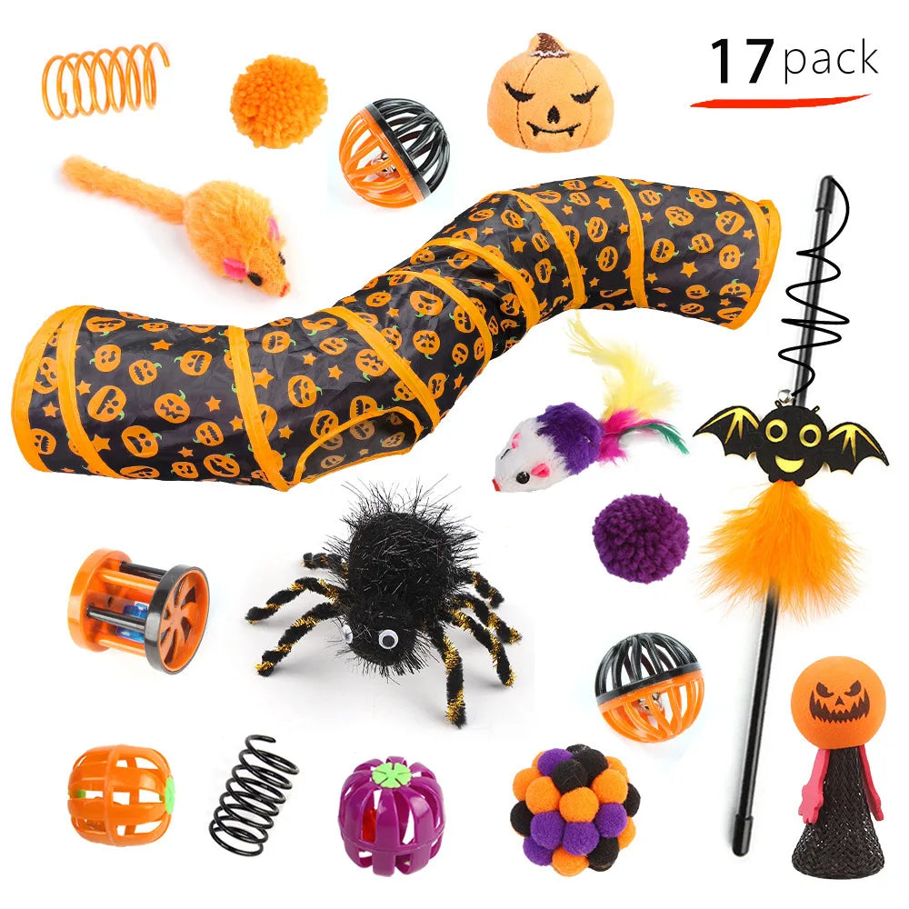 Pet Cat Halloween Toys Interactive Kitten Toy Funny Cat Tunnel Stick Sisal Mouse Bell Combination Set Kitten Toys Pet Products