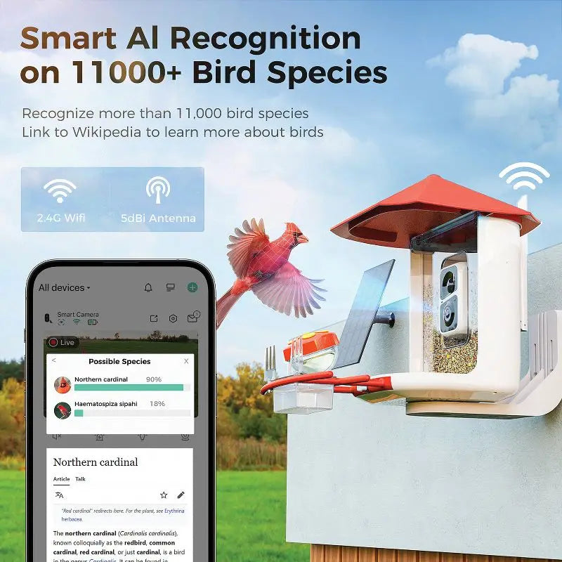Smart Bird Feeder with Camera 1080P HD AI Bird Identification Solar Powered Night Vision 2 Way Audio Waterproof IP65 for Outdoor