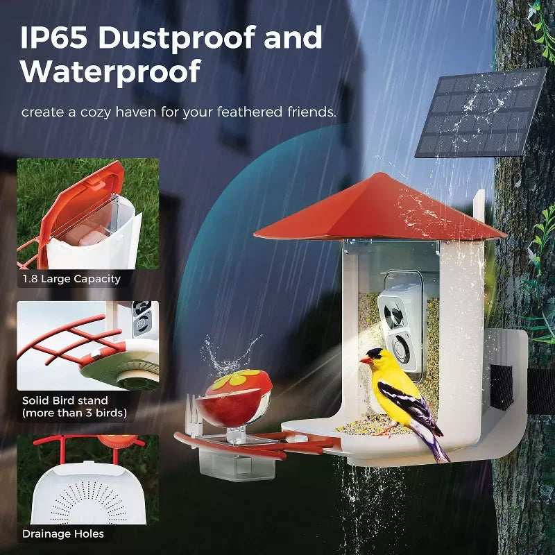 Smart Bird Feeder with Camera 1080P HD AI Bird Identification Solar Powered Night Vision 2 Way Audio Waterproof IP65 for Outdoor