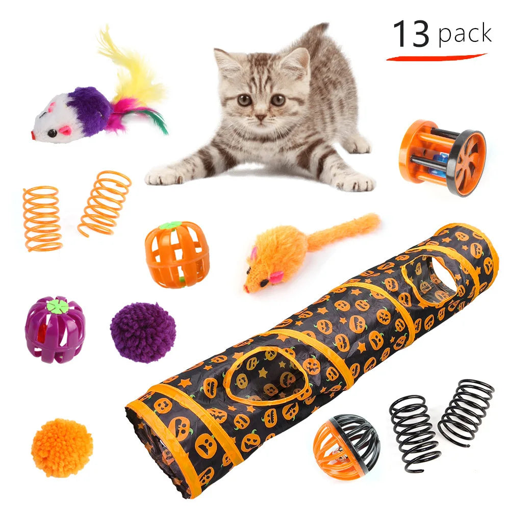 Halloween Toys Variety Pet Cat Toys Interactive Combination Set Kitten Toy Funny Cat Stick Sisal Mouse Bell