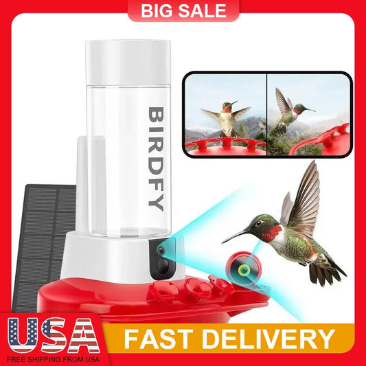 Smart Hummingbird Feeder with HD Cameras Solar Powered AI Bird Recognition Motion Detection Weatherproof 20oz Nectar Reservoir