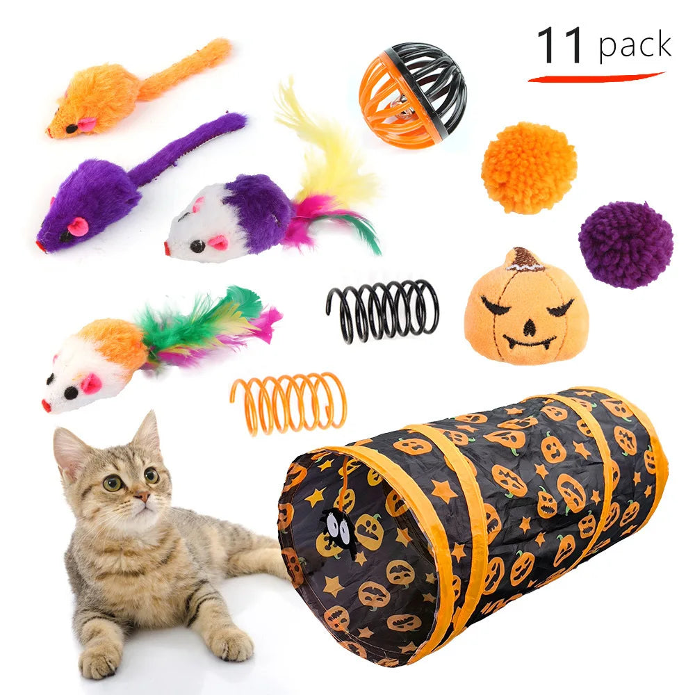 Pet Cat Halloween Toys Interactive Kitten Toy Funny Cat Tunnel Stick Sisal Mouse Bell Combination Set Kitten Toys Pet Products