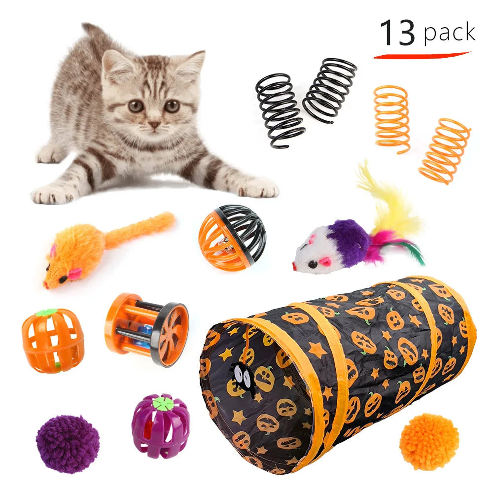 Pet Cat Halloween Toys Interactive Kitten Toy Funny Cat Tunnel Stick Sisal Mouse Bell Combination Set Kitten Toys Pet Products