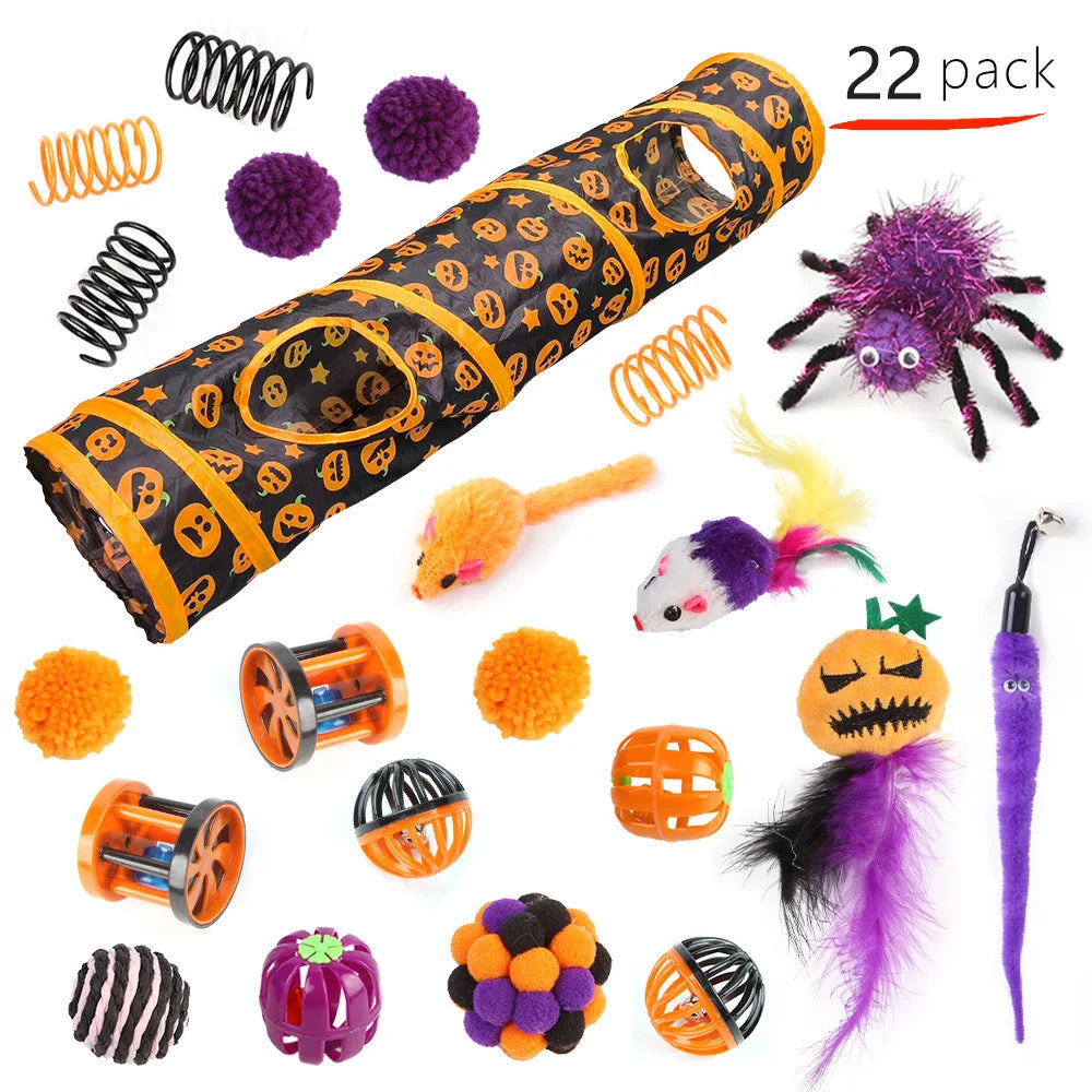 Pet Cat Halloween Toys Interactive Kitten Toy Funny Cat Tunnel Stick Sisal Mouse Bell Combination Set Kitten Toys Pet Products
