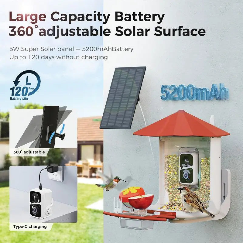 Smart Bird Feeder with Camera 1080P HD AI Bird Identification Solar Powered Night Vision 2 Way Audio Waterproof IP65 for Outdoor