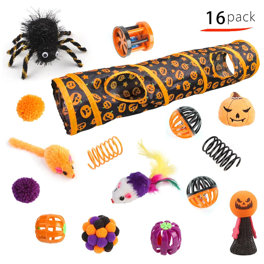 Pet Cat Halloween Toys Interactive Kitten Toy Funny Cat Tunnel Stick Sisal Mouse Bell Combination Set Kitten Toys Pet Products