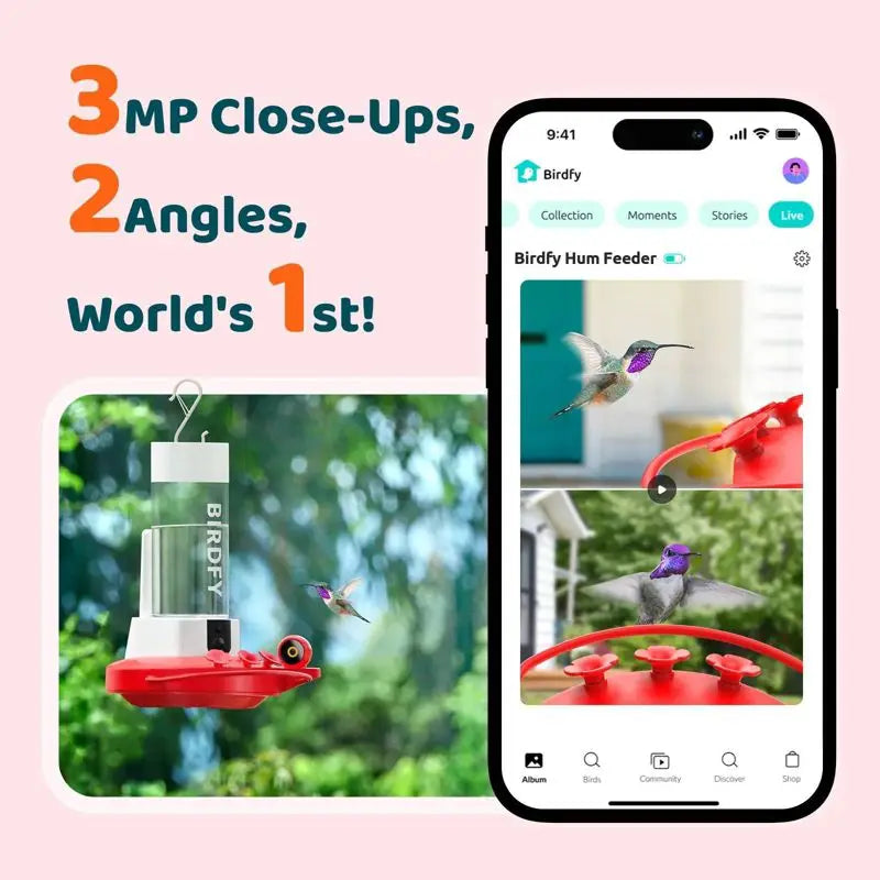 Smart Hummingbird Feeder with HD Cameras Solar Powered AI Bird Recognition Motion Detection Weatherproof 20oz Nectar Reservoir