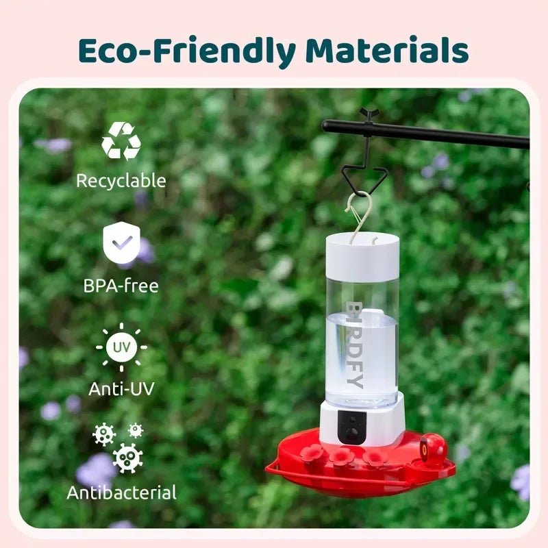 Smart Hummingbird Feeder with HD Cameras Solar Powered AI Bird Recognition Motion Detection Weatherproof 20oz Nectar Reservoir