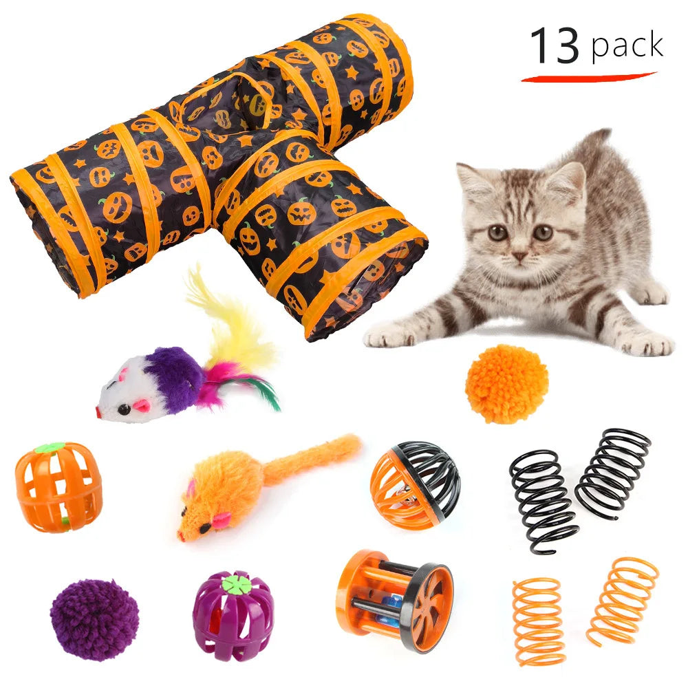 Pet Cat Halloween Toys Interactive Kitten Toy Funny Cat Tunnel Stick Sisal Mouse Bell Combination Set Kitten Toys Pet Products