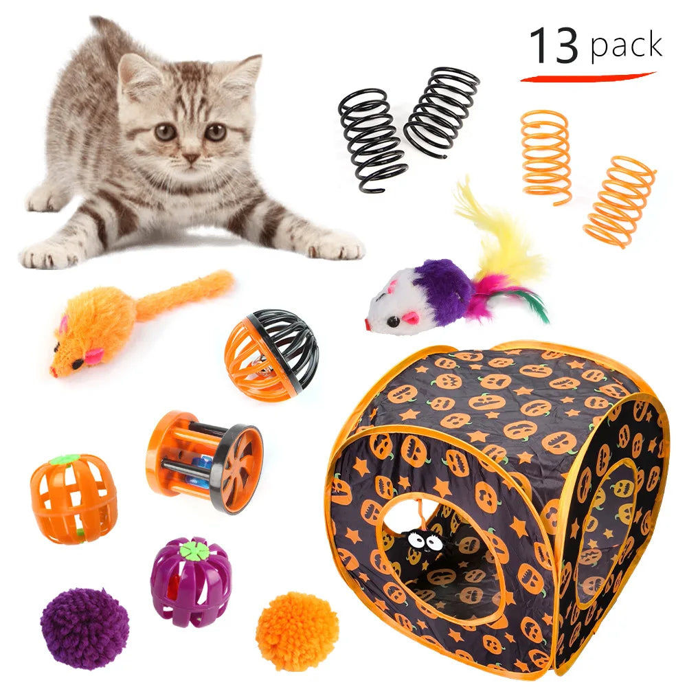 Pet Cat Halloween Toys Interactive Kitten Toy Funny Cat Tunnel Stick Sisal Mouse Bell Combination Set Kitten Toys Pet Products