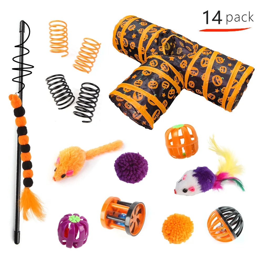 Pet Cat Halloween Toys Interactive Kitten Toy Funny Cat Tunnel Stick Sisal Mouse Bell Combination Set Kitten Toys Pet Products
