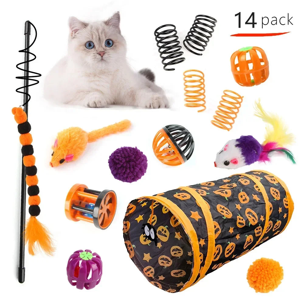 Pet Cat Halloween Toys Interactive Kitten Toy Funny Cat Tunnel Stick Sisal Mouse Bell Combination Set Kitten Toys Pet Products