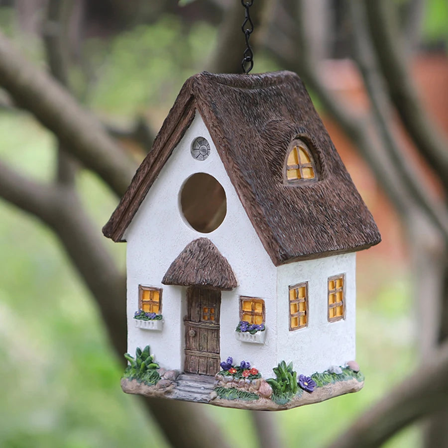 Outdoor Resin Birdhouse – Hanging Garden Cabin for Small Birds