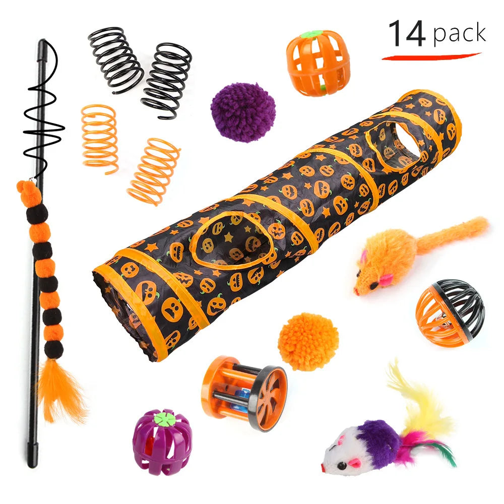 Halloween Toys Variety Pet Cat Toys Interactive Combination Set Kitten Toy Funny Cat Stick Sisal Mouse Bell