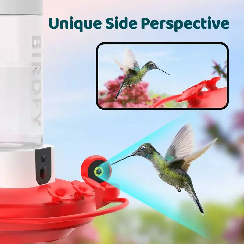 Smart Hummingbird Feeder with HD Cameras Solar Powered AI Bird Recognition Motion Detection Weatherproof 20oz Nectar Reservoir