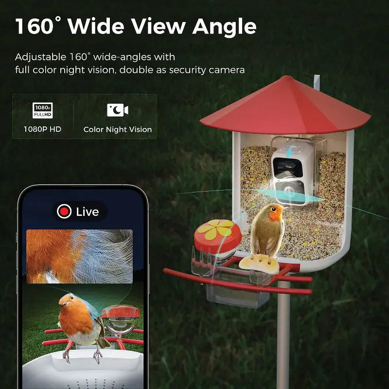 Smart Bird Feeder with Camera 1080P HD AI Bird Identification Solar Powered Night Vision 2 Way Audio Waterproof IP65 for Outdoor