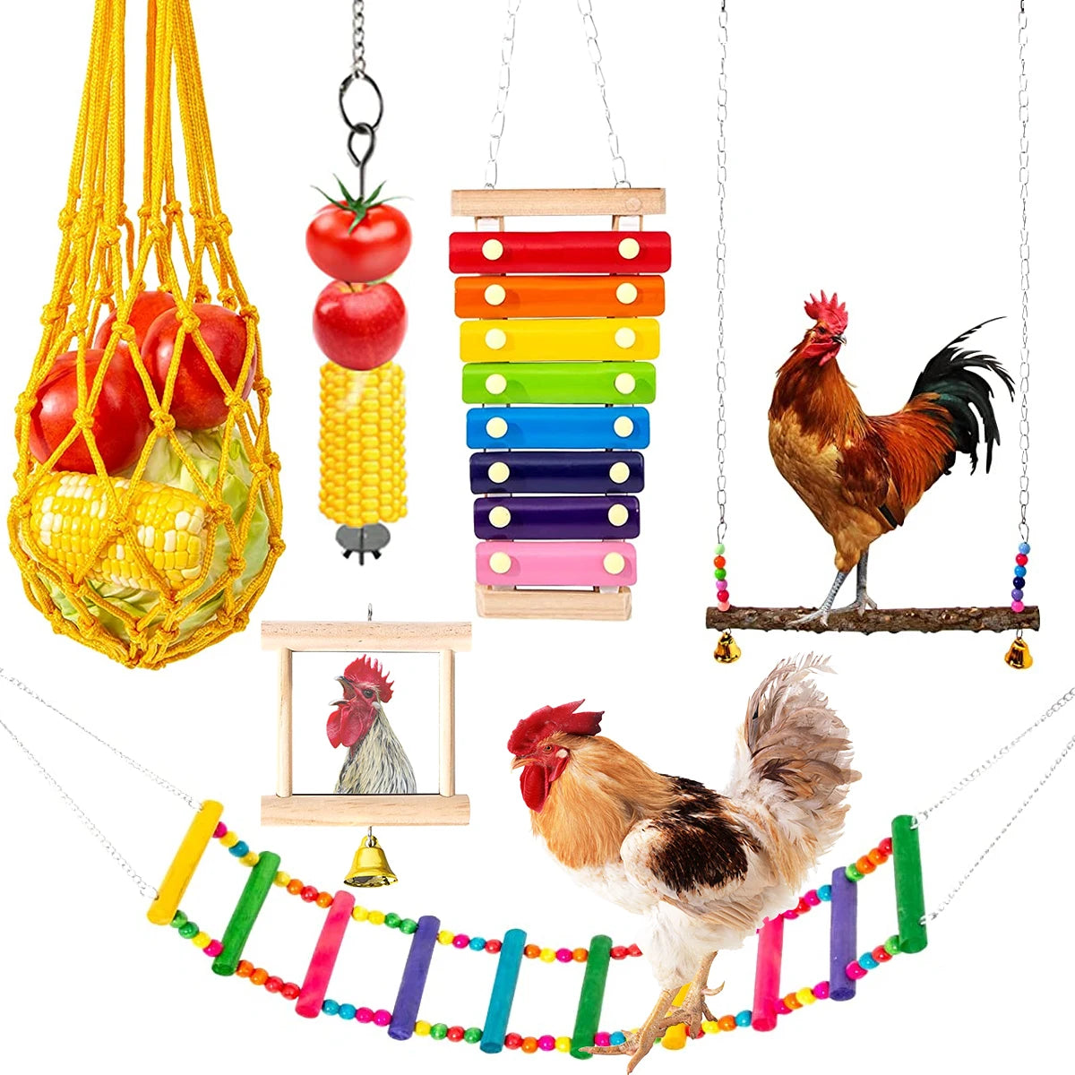 Chicken & Parrot Chewing Foraging Toy Set – Wooden Swing, Hanging Feeder & Bell Toys