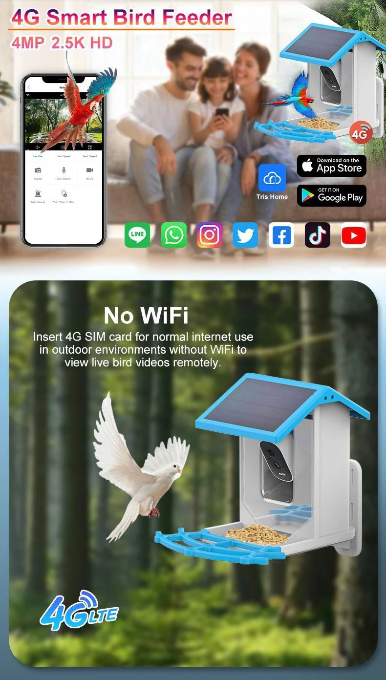 Smart Bird Feeder with Camera,2K HD Video, AI Identify Birds Species Solar Powered,Auto Capture Videos & Notify of Birds Arrival