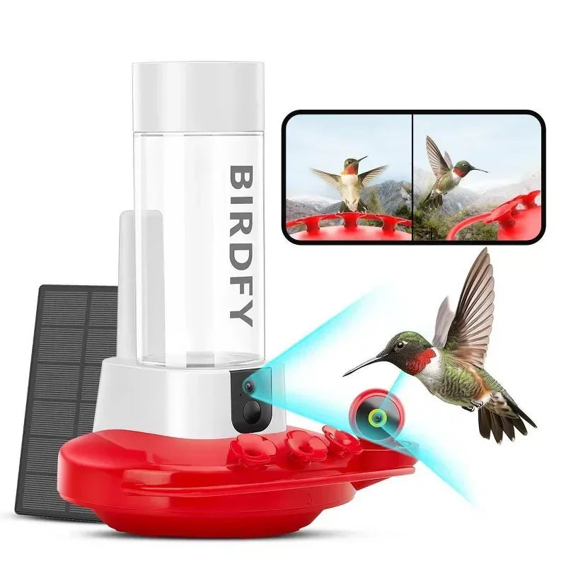 Smart Hummingbird Feeder with HD Cameras Solar Powered AI Bird Recognition Motion Detection Weatherproof 20oz Nectar Reservoir