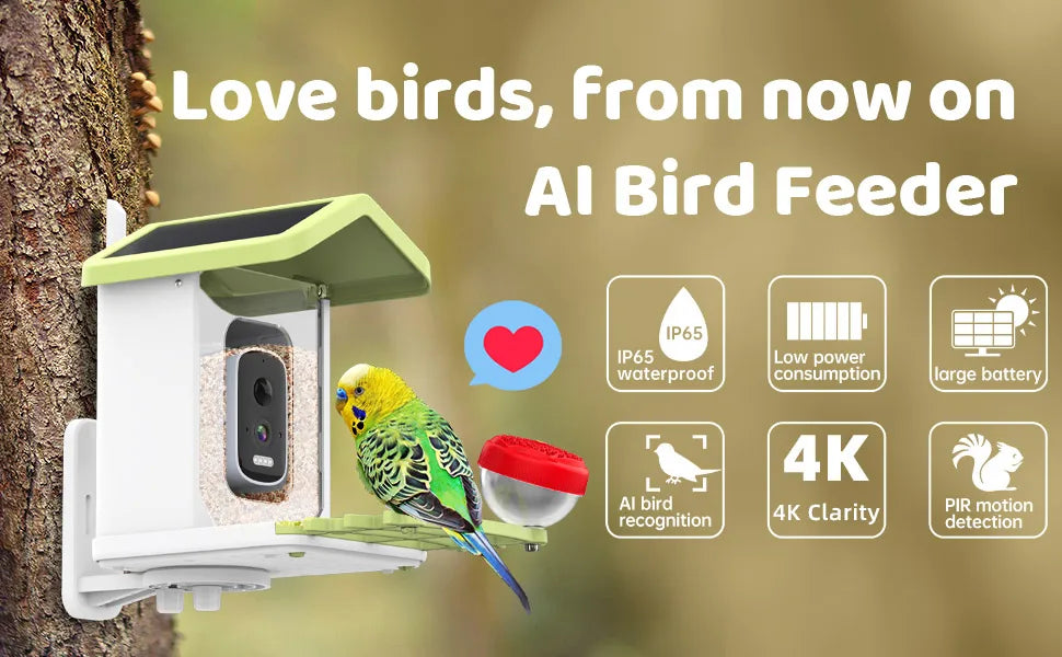 Smart Bird Feeder Camera with 4MP 130°Wide Angle Camera AI Identify Bird Species, with Solar Panel, Auto Capture Bird 2K Videos