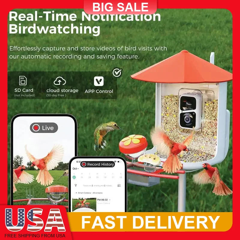Smart Bird Feeder with Camera 1080P HD AI Bird Identification Solar Powered Night Vision 2 Way Audio Waterproof IP65 for Outdoor