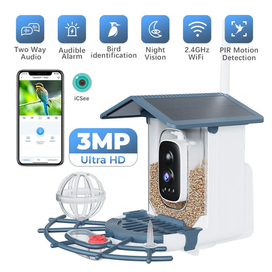 XVIM 3MP WiFi Automatic Smart Bird Feeder Motion Detection Color Night Vision Device  iCSee App Control Sunlight Wildlife Camera