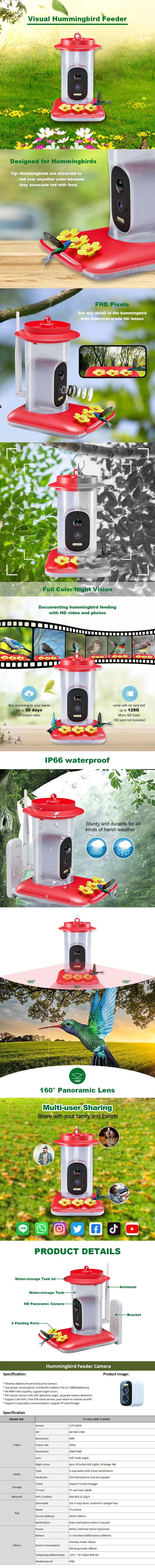 Smart Hummingbird Feeder Bird Pet Feeder Outdoor APP WIFI Ant-proof AI Bird Recognition Camera for Canary Hummingbirds