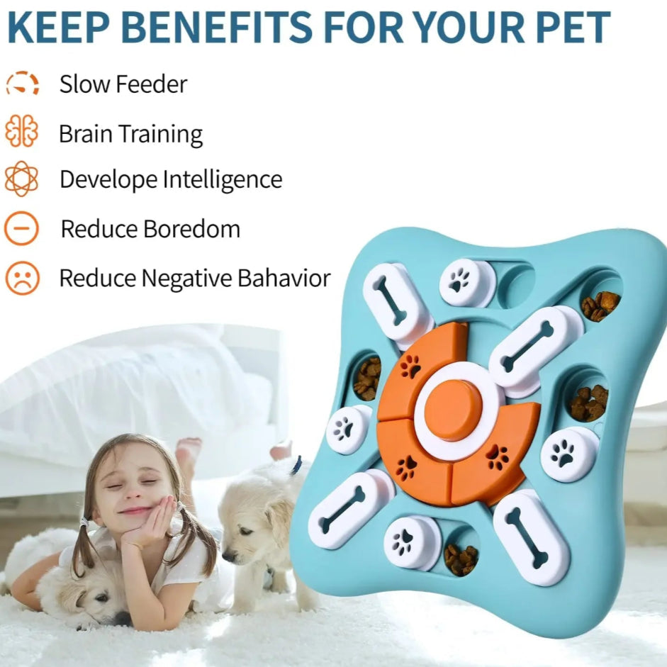 Pet toy with benefits listed and a child with a dog in the background