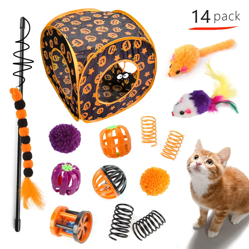 Halloween Toys Variety Pet Cat Toys Interactive Combination Set Kitten Toy Funny Cat Stick Sisal Mouse Bell