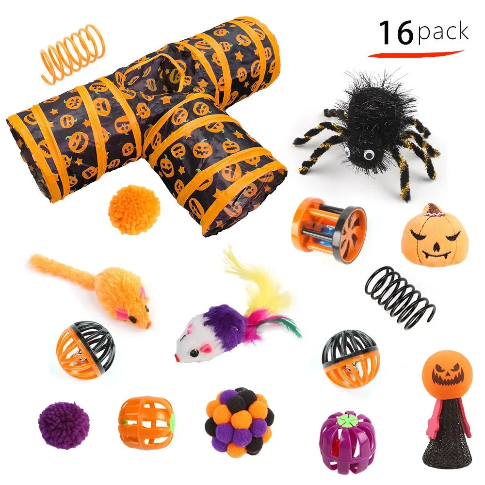 Pet Cat Halloween Toys Interactive Kitten Toy Funny Cat Tunnel Stick Sisal Mouse Bell Combination Set Kitten Toys Pet Products