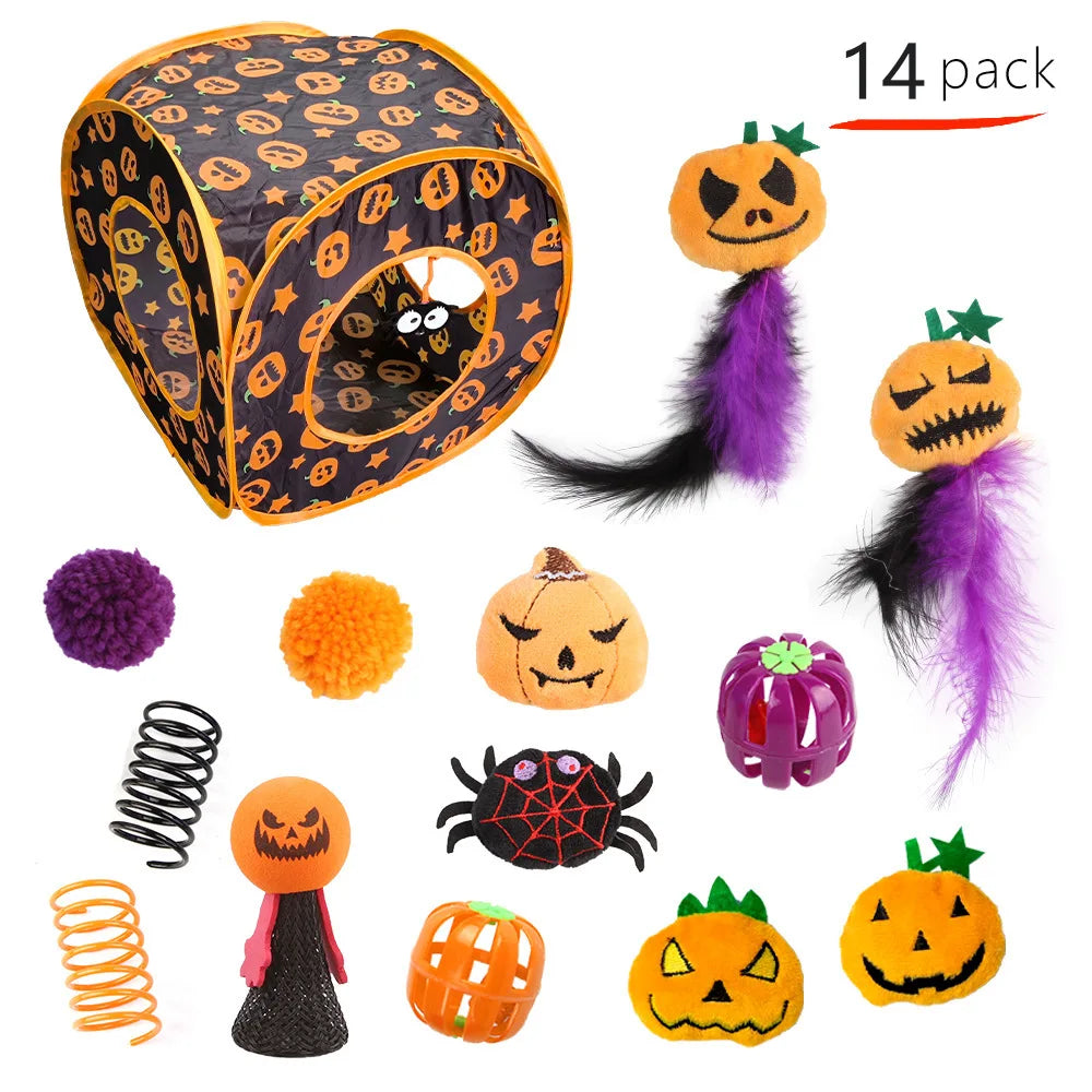 Pet Cat Halloween Toys Interactive Kitten Toy Funny Cat Tunnel Stick Sisal Mouse Bell Combination Set Kitten Toys Pet Products