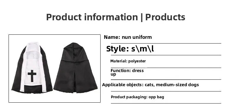 Funny Dog Cat Nun Costume – Halloween Pet Outfit with Cute Cape for Small & Medium Pets
