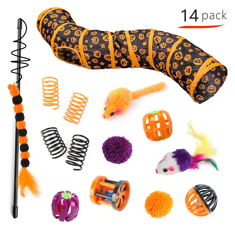 Pet Cat Halloween Toys Interactive Kitten Toy Funny Cat Tunnel Stick Sisal Mouse Bell Combination Set Kitten Toys Pet Products