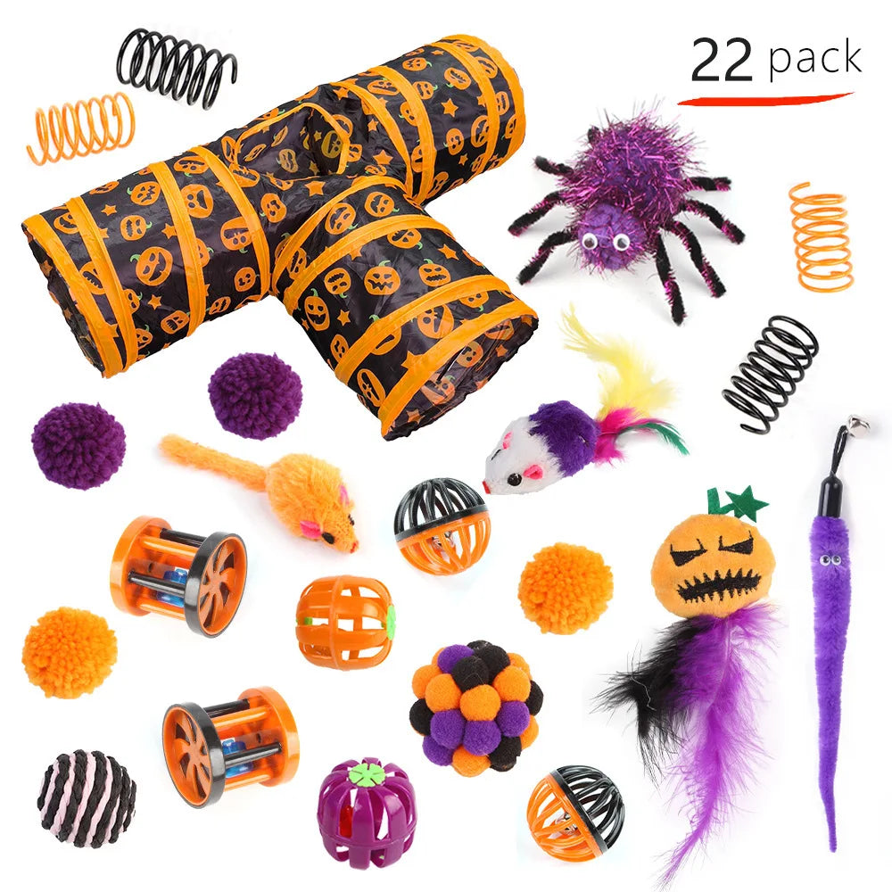Pet Cat Halloween Toys Interactive Kitten Toy Funny Cat Tunnel Stick Sisal Mouse Bell Combination Set Kitten Toys Pet Products