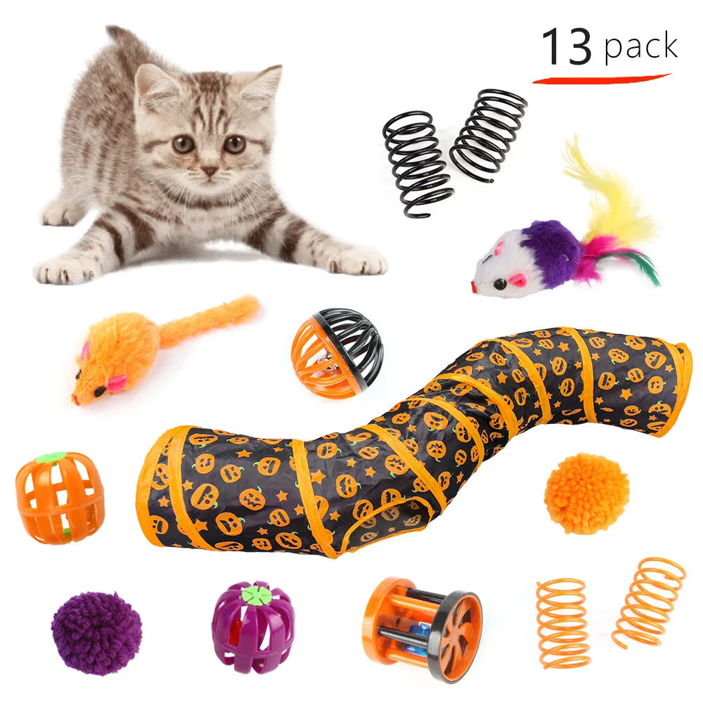 Pet Cat Halloween Toys Interactive Kitten Toy Funny Cat Tunnel Stick Sisal Mouse Bell Combination Set Kitten Toys Pet Products