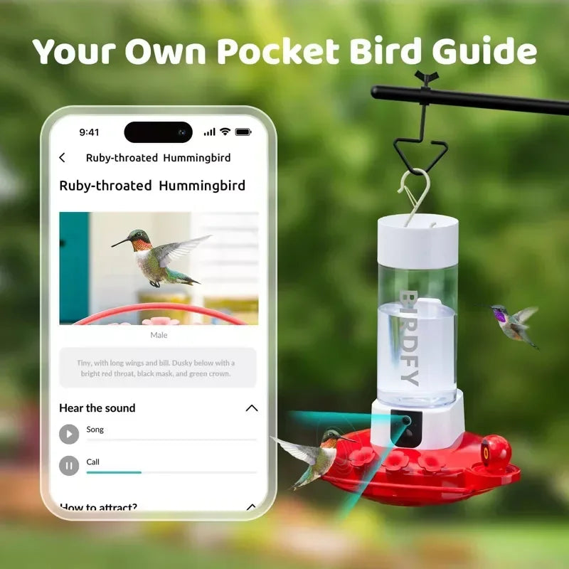 Smart Hummingbird Feeder with HD Cameras Solar Powered AI Bird Recognition Motion Detection Weatherproof 20oz Nectar Reservoir
