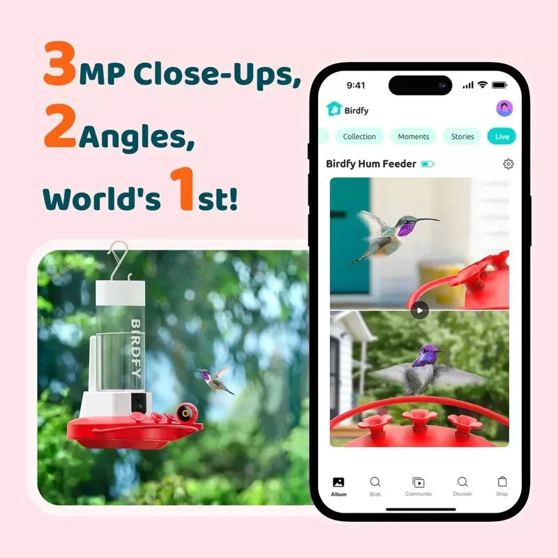 Smart Hummingbird Feeder with HD Cameras Solar Powered AI Bird Recognition Motion Detection Weatherproof 20oz Nectar Reservoir