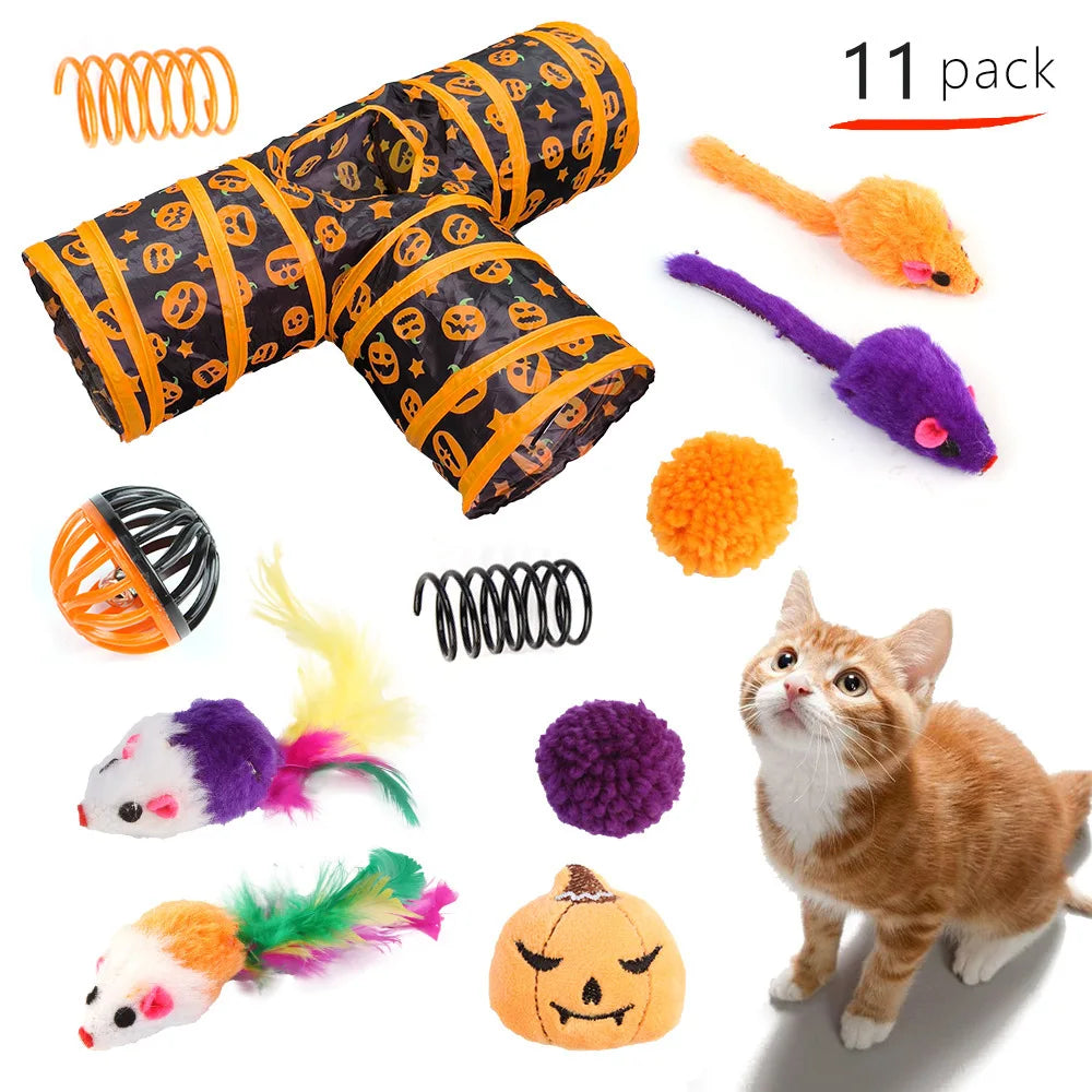 Halloween Toys Variety Pet Cat Toys Interactive Combination Set Kitten Toy Funny Cat Stick Sisal Mouse Bell
