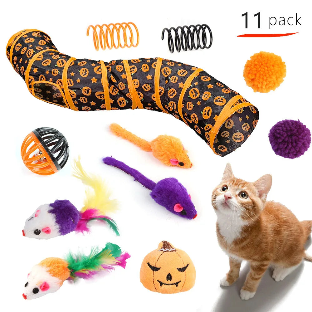 Pet Cat Halloween Toys Interactive Kitten Toy Funny Cat Tunnel Stick Sisal Mouse Bell Combination Set Kitten Toys Pet Products