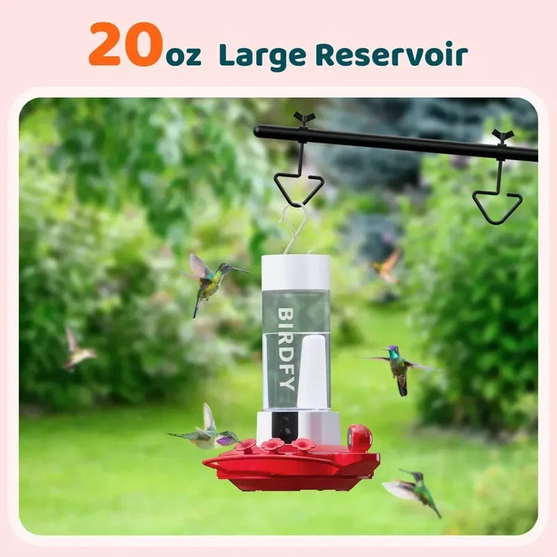 Smart Hummingbird Feeder with HD Cameras Solar Powered AI Bird Recognition Motion Detection Weatherproof 20oz Nectar Reservoir
