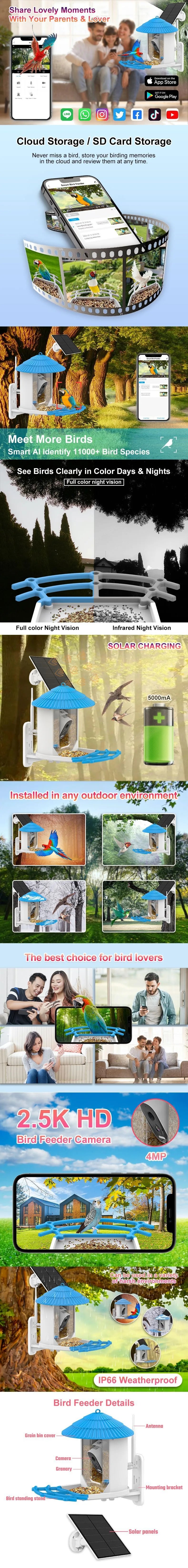 Bird Smart Feeder with Camera 2.5k HD Solar Low Power Night Vision IP66 Waterproof Real Bird Species Feeder