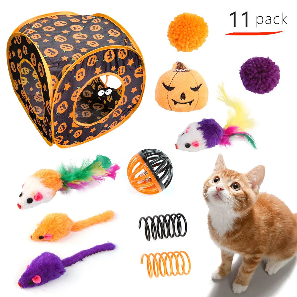 Halloween Toys Variety Pet Cat Toys Interactive Combination Set Kitten Toy Funny Cat Stick Sisal Mouse Bell