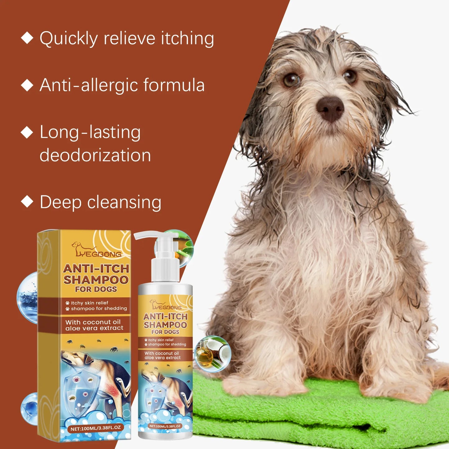 Yegbong 100ml Dog Shampoo – Relieve Itchy Skin, Hydrating, Nourishing & Deodorizing Pet Wash
