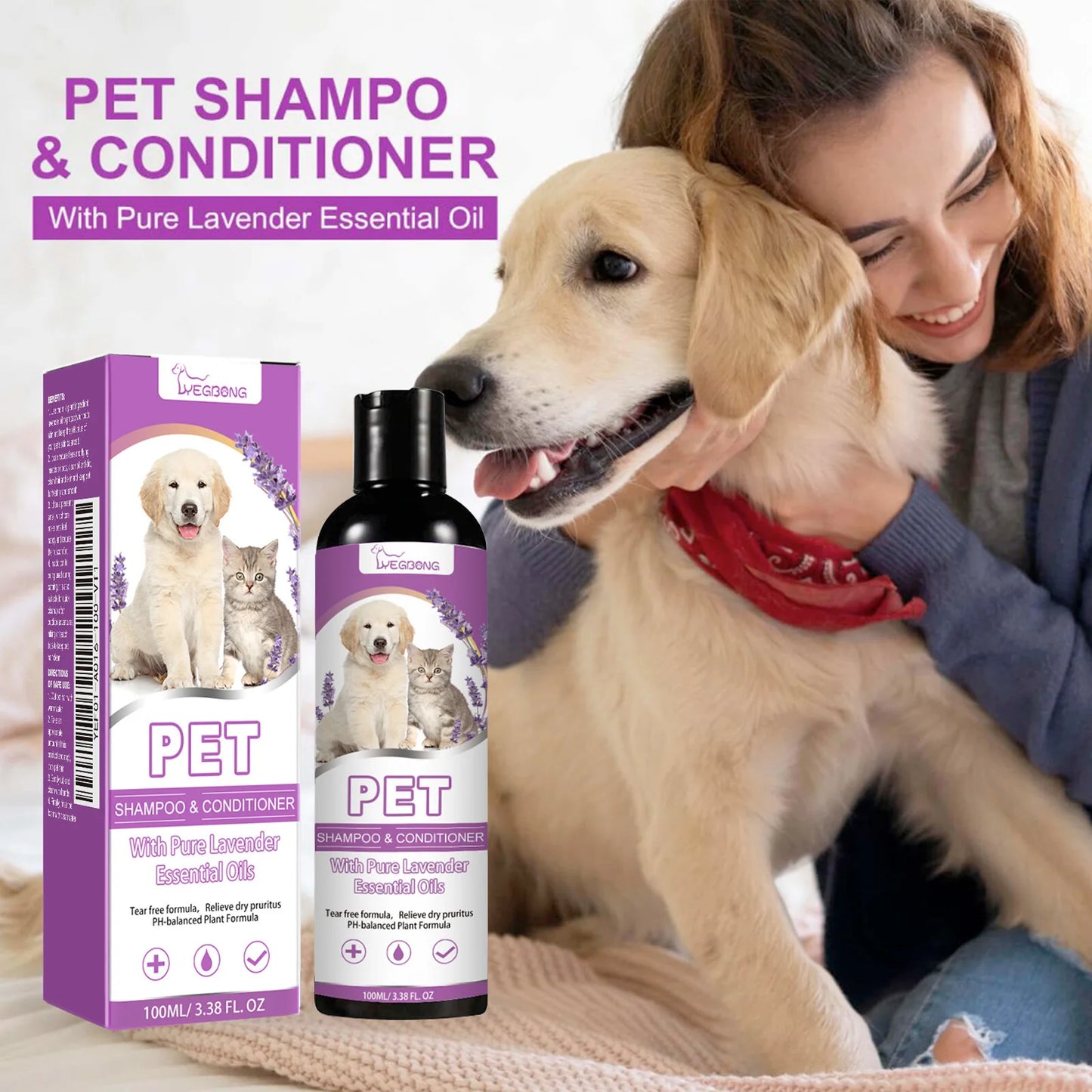 Yegbong 100ml Pet Shampoo & Conditioner – Hair Softening, Itch Relief, pH-Balanced for Cats & Dogs