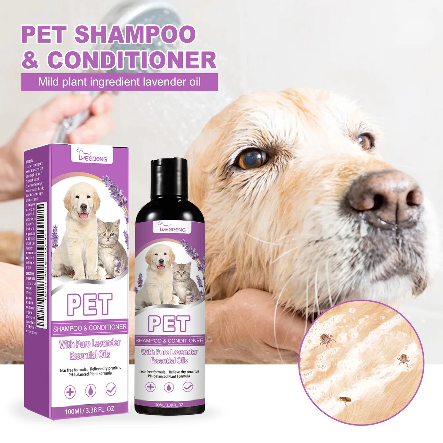 Yegbong 100ml Pet Shampoo & Conditioner – Hair Softening, Itch Relief, pH-Balanced for Cats & Dogs