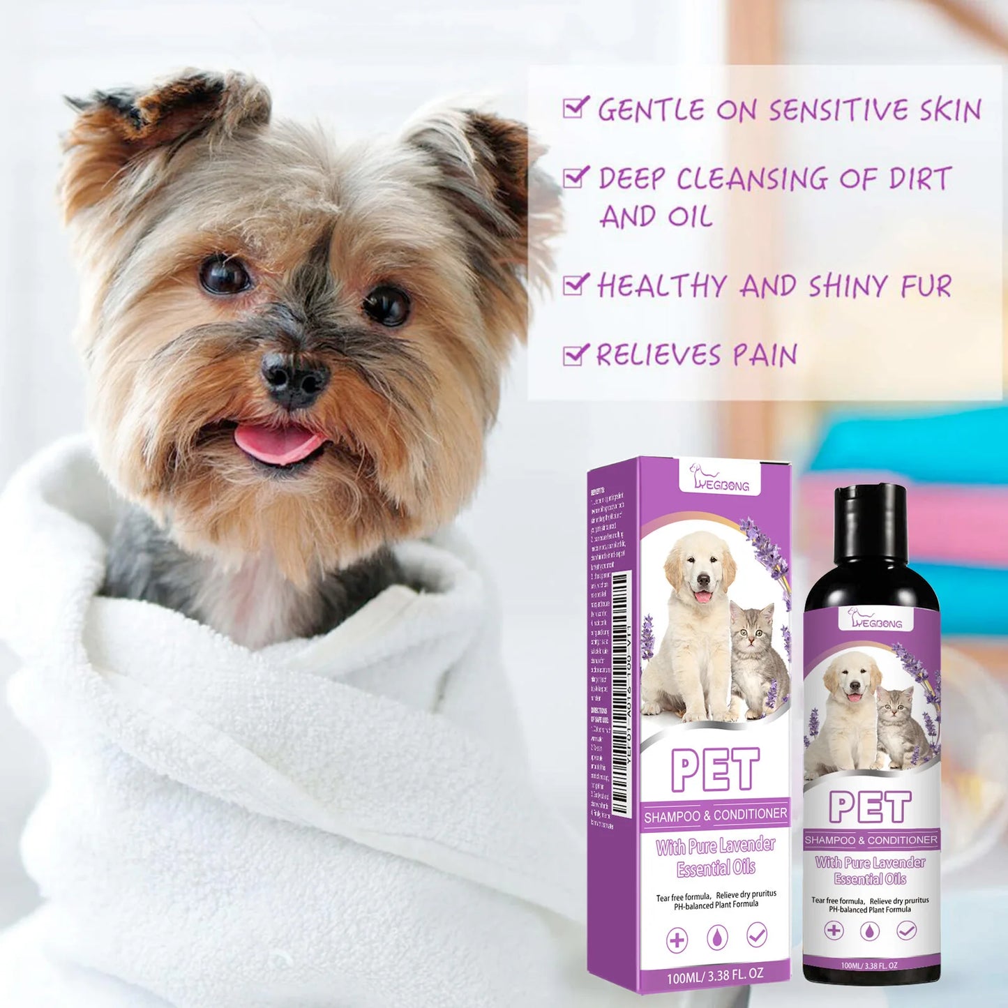 Yegbong 100ml Pet Shampoo & Conditioner – Hair Softening, Itch Relief, pH-Balanced for Cats & Dogs