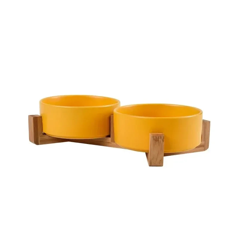 Ceramic Double Pet Bowl with Wooden Stand – No Spill Feeder